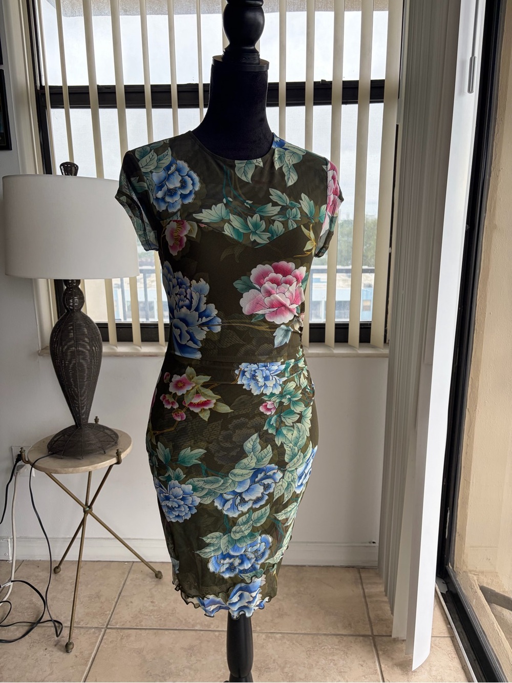 GUESS Olive Green Floral Mesh Bodycon Dress Lettuce Hem Size Medium